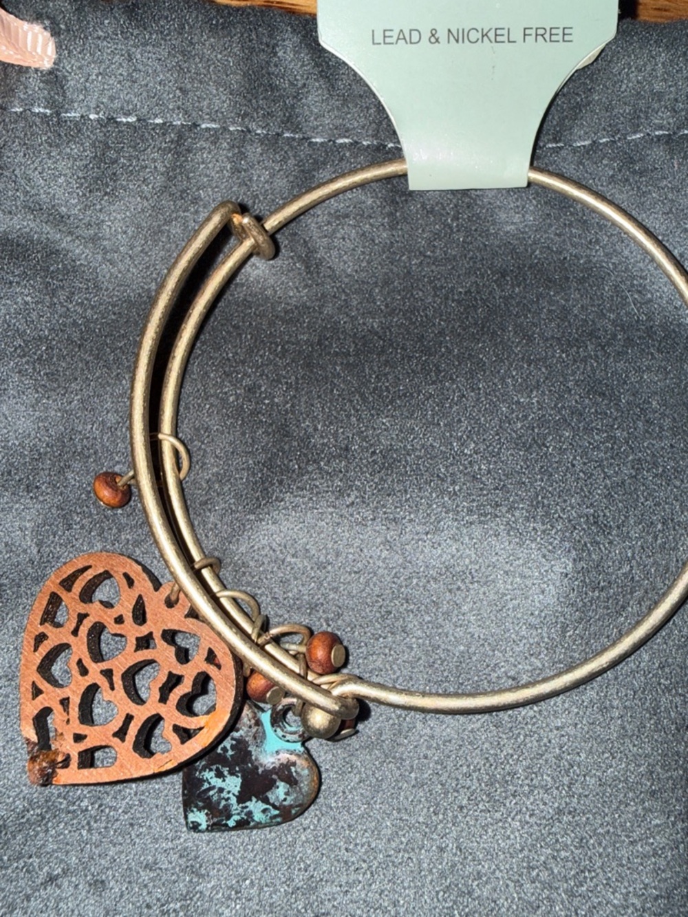 Bronze Charm Bangle Bracelet with Copper and Turquoise Hearts